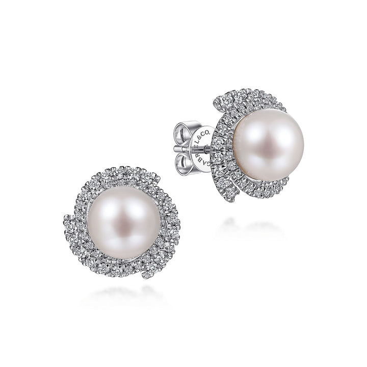 14K White Gold Round Cultured Pearl Swirling Diamond Halo Stud Earrings EG13669W45PL