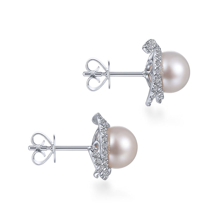 14K White Gold Round Cultured Pearl Swirling Diamond Halo Stud Earrings EG13669W45PL