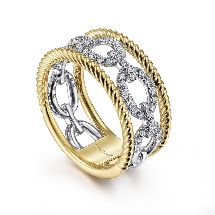 14K White-Yellow Gold Diamond Link and Twisted Rope Ring LR51658M45JJ