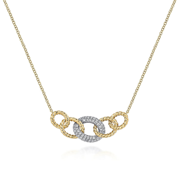 14K Yellow-White Gold Twisted Rope Link Necklace with Pavé Diamond Link Station NK5847M45JJ