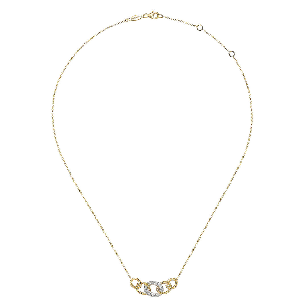 14K Yellow-White Gold Twisted Rope Link Necklace with Pavé Diamond Link Station NK5847M45JJ