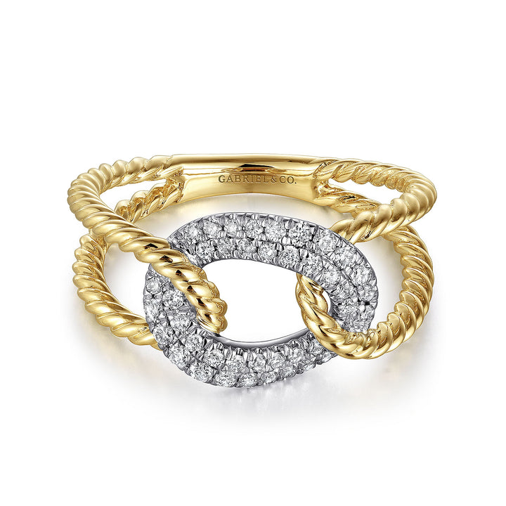 14K Yellow and White Gold Twisted Rope Link Ring with Diamond Pavé Station LR51318M45JJ