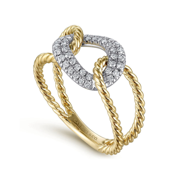 14K Yellow and White Gold Twisted Rope Link Ring with Diamond Pavé Station LR51318M45JJ