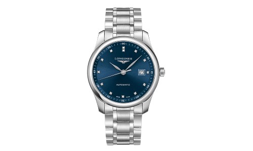 Longines timepiece with stainless steel bracelet and case with diamond accents on the blue dial