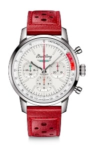 A watch with a red leather band from Breitling’s Top Time collection