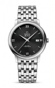 An Omega De Ville watch features stainless steel