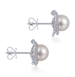 14K White Gold Round Cultured Pearl Swirling Diamond Halo Stud Earrings EG13669W45PL